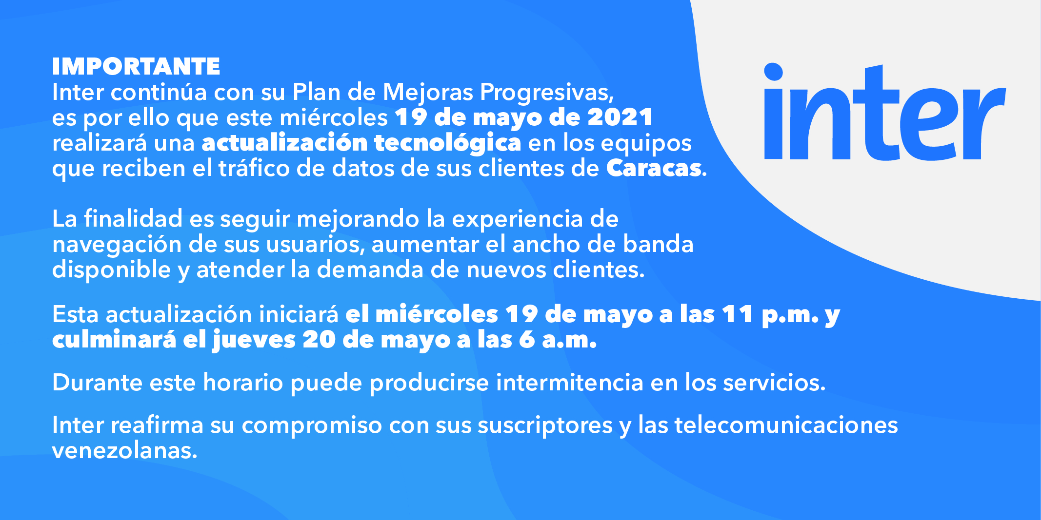 Inter realizará actualización tecnológica para aumentar ancho de banda en Caracas este #19May