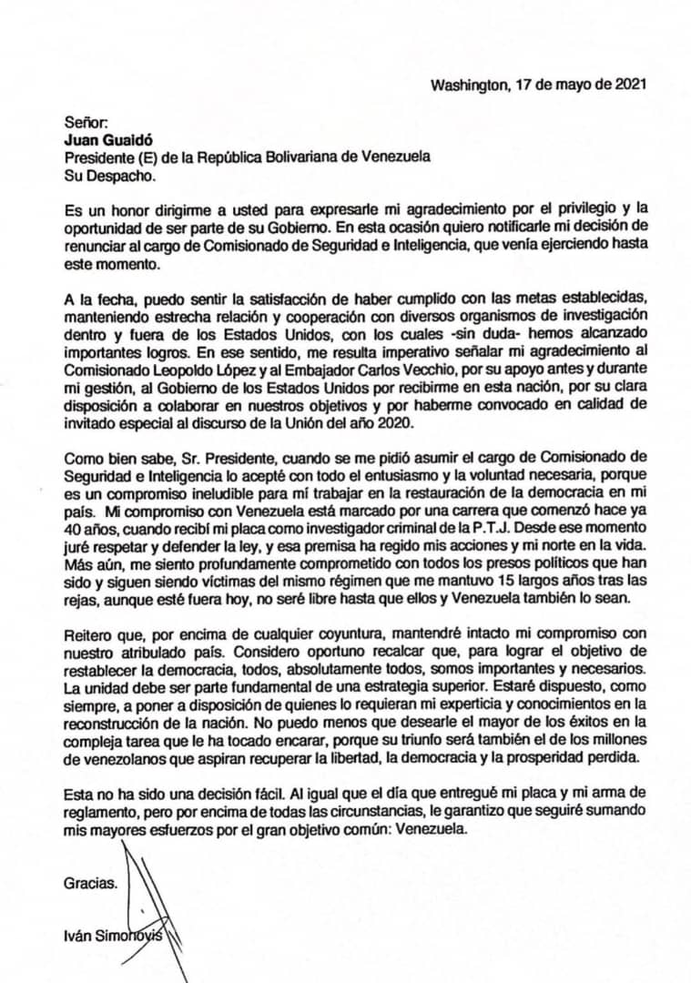Simonovis renunció a su cargo en la administración de Guaidó: «La unidad debe ser parte de una estrategia superior»