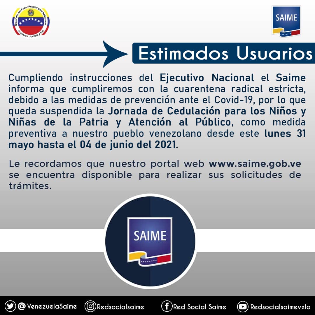 Saime: jornada de cedulación para menores de edad queda suspendida por cuarentena radical