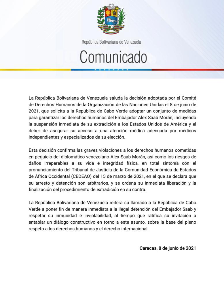 Comité de DDHH de la ONU pidió a Cabo Verde suspender de inmediato extradición de Alex Saab a EEUU