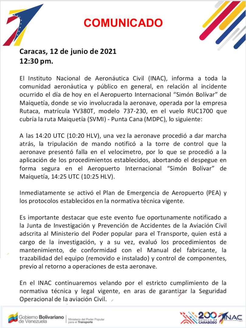 INAC explica incidente con avión de Rutaca ocurrido este sábado en Maiquetía (+comunicado)