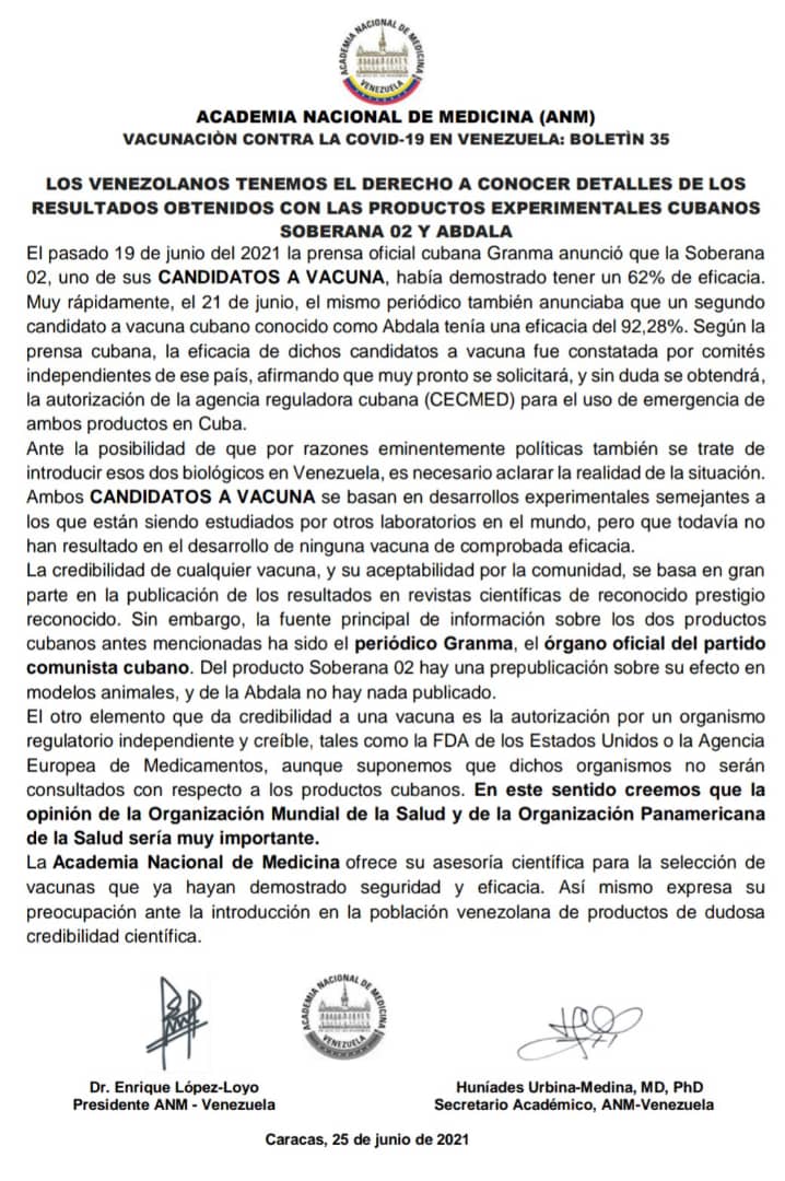 Aplican en Fuerte Tiuna dosis de candidata vacunal cubana Abdala