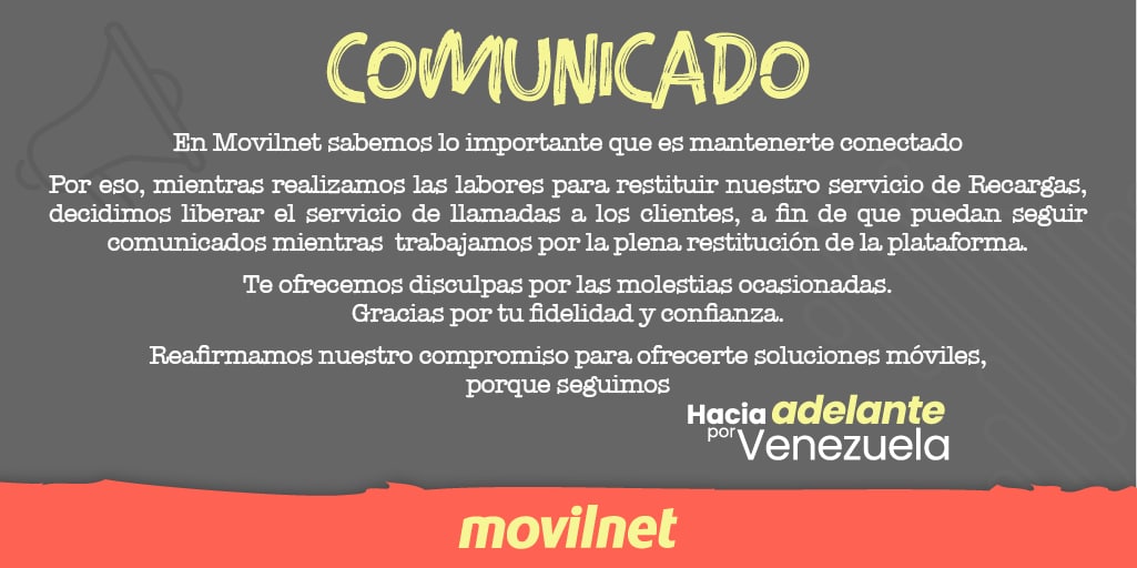 Movilnet libera llamadas a sus clientes hasta que restablezca servicio de recargas