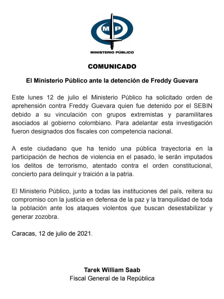 Mientras Maduro se reúne con parte de la oposición Ministerio Público imputa graves delitos a Freddy Guevara