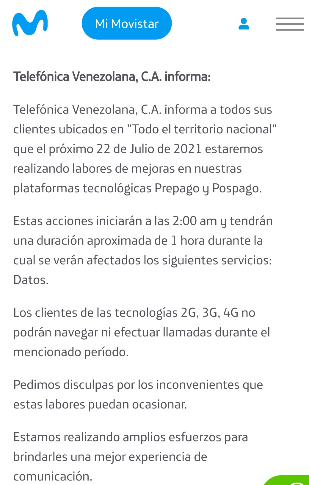 Movistar suspenderá sus servicios el #22Jul durante una hora por mantenimiento