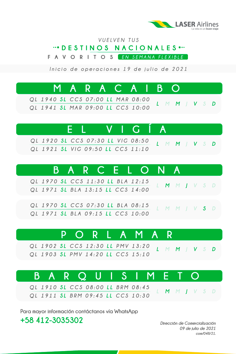 Laser Airlines anuncia reinicio de operaciones nacionales desde el #19Jul (+ itinerario y precios)