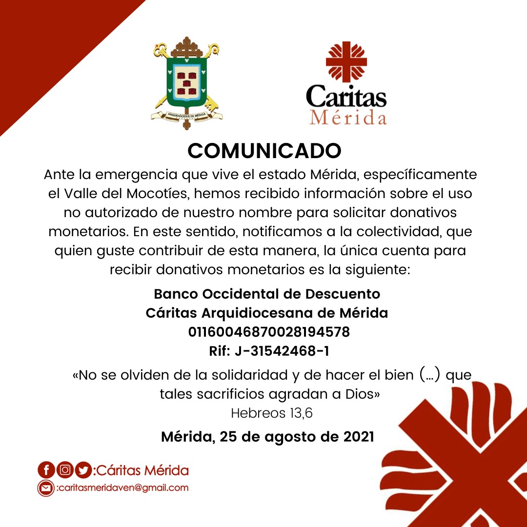 Cáritas alerta sobre uso no autorizado para solicitar donativos por la situación en Mérida