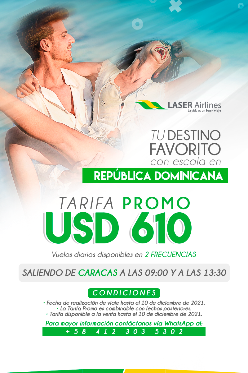 Laser Airlines ofrece tarifa promocional para viajar a República Dominicana