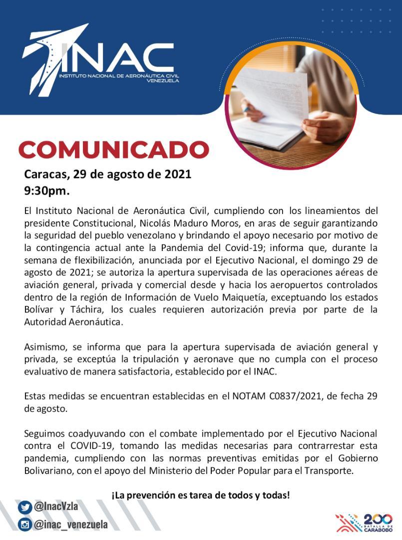 INAC autoriza hasta el #5Sep apertura supervisada de la aviación general, privada y comercial (+ detalles)