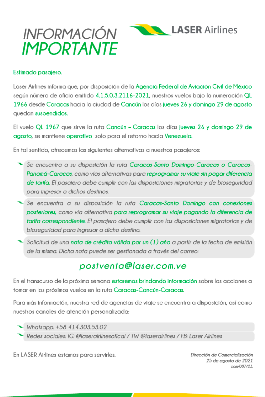 Autoridad aeronáutica mexicana suspende próximos vuelos de Laser Airlines a Cancún (+ comunicado)