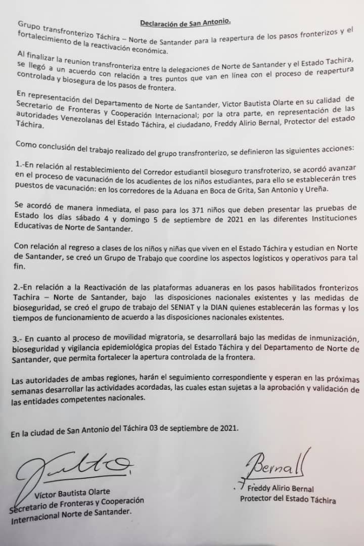 Firman acuerdo que formaliza apertura controlada de frontera colombo-venezolana en Táchira
