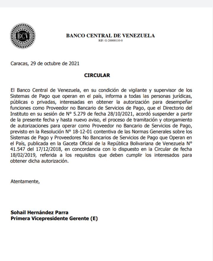 BCV suspende proceso de tramitación y otorgamiento de autorizaciones para operar como Proveedor no Bancario de Servicios de Pago