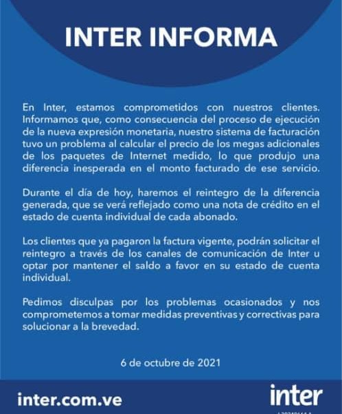 Conatel suspendió cobro de facturas de Inter por sobreprecios a sus suscriptores