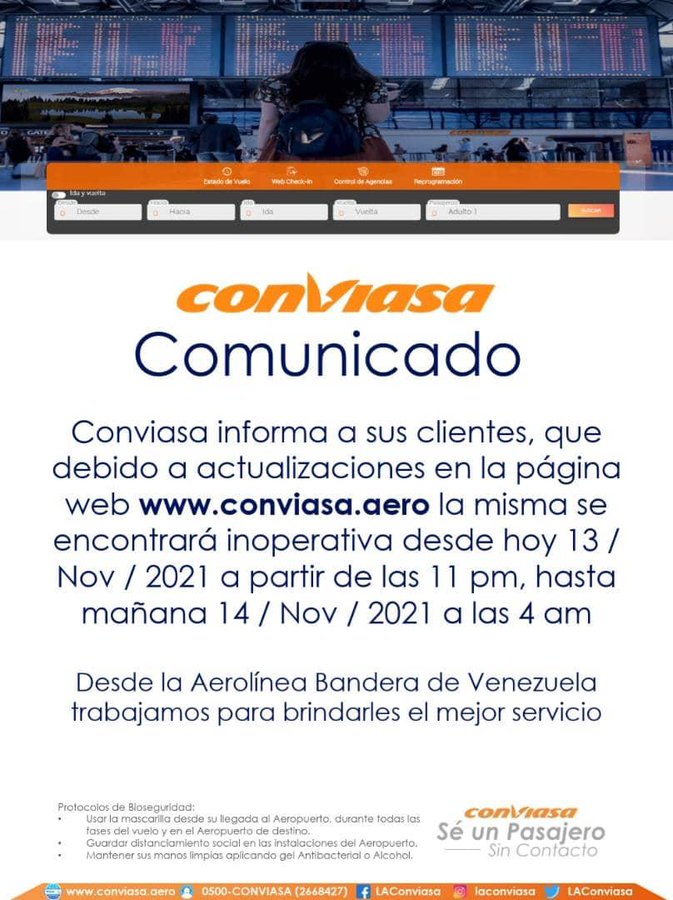 Página web de Conviasa estará inactiva hasta este domingo #14Nov por actualización