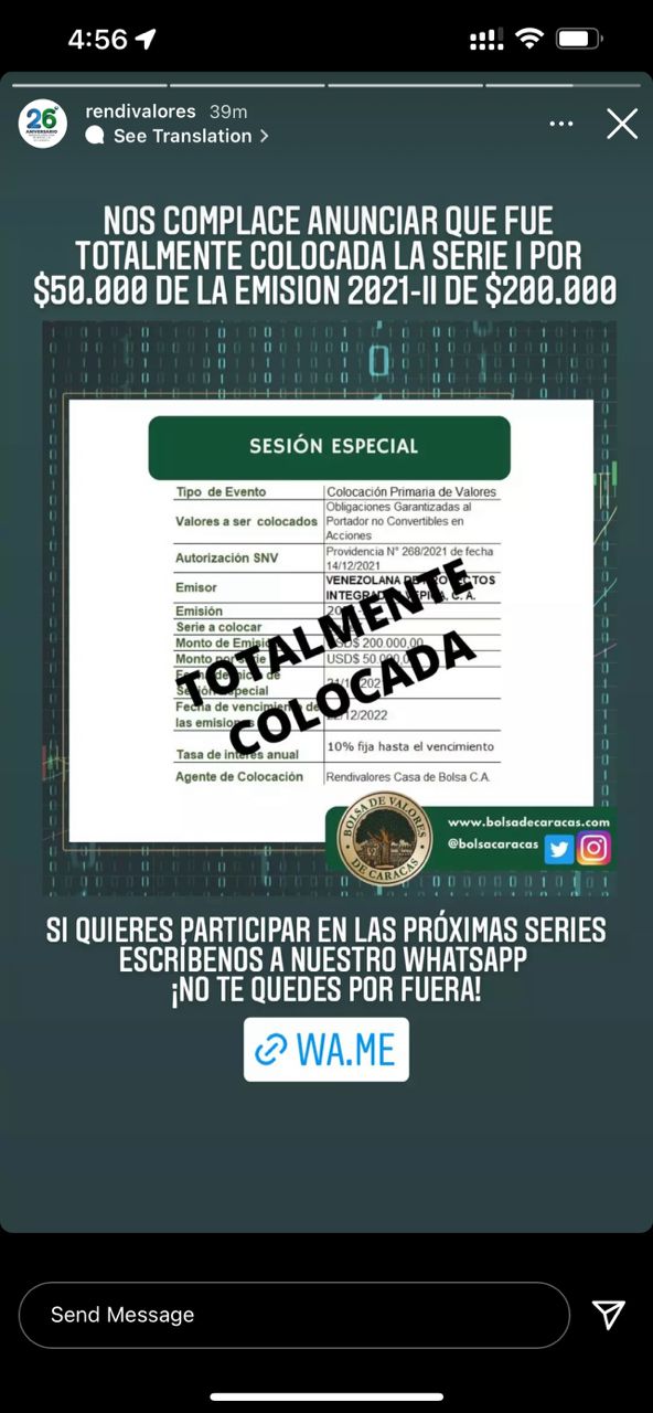 Vepica colocó en un día primera serie de US$50.000 de su emisión de obligaciones por US$200.000