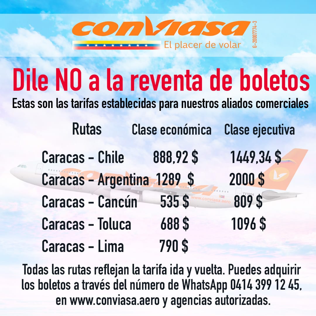 Hasta US$2.000: Los precios de los boletos aéreos de Conviasa desde Venezuela hacia Chile, Argentina, México y Perú