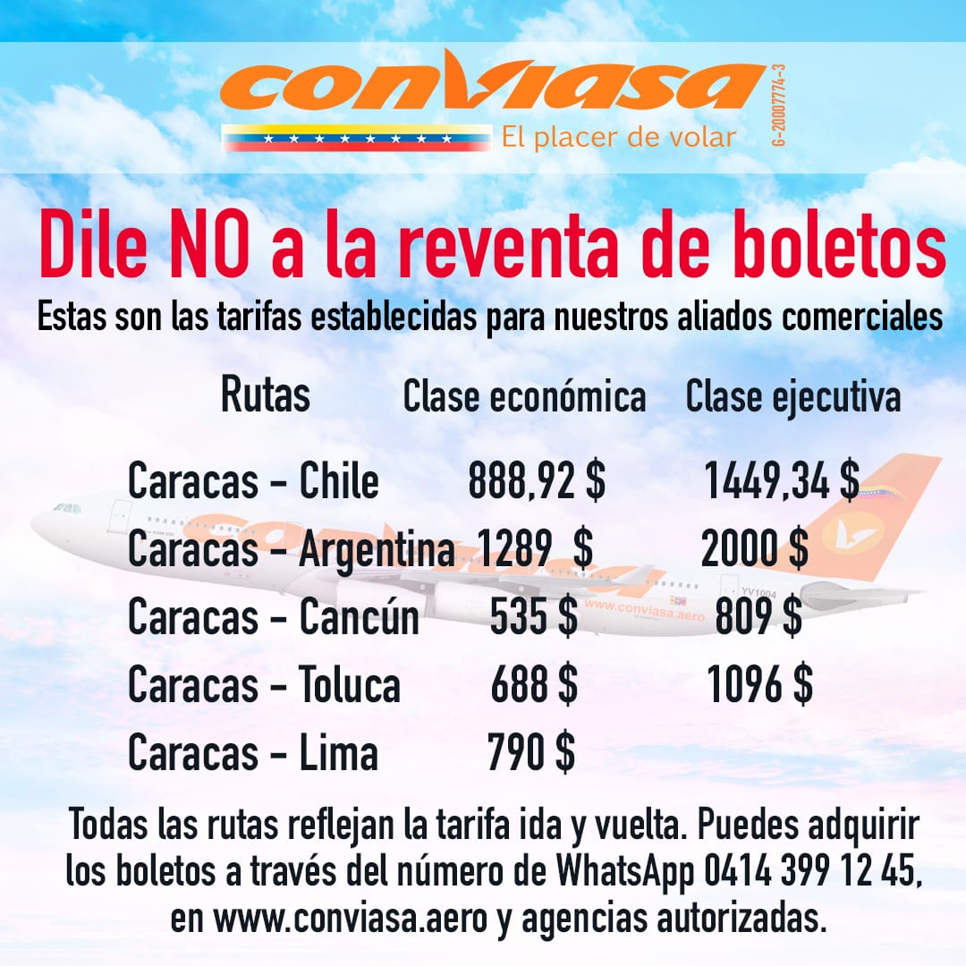 Hasta US$2.000: Los precios de los boletos aéreos de Conviasa desde Venezuela hacia Chile, Argentina, México y Perú