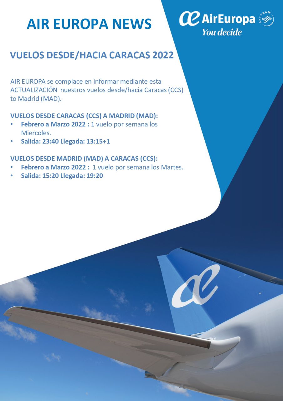 Air Europa actualizó itinerario de vuelos en la ruta Madrid-Caracas