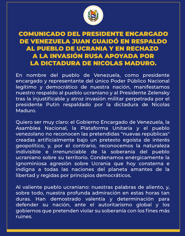 Juan Guaidó rechaza la invasión rusa a Ucrania