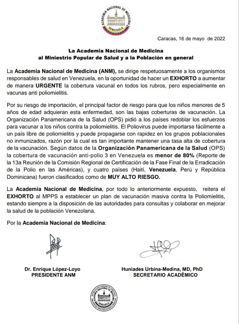 #Alerta | Academia de Medicina exhorta a aumentar vacunación ante riesgo de reaparición de la poliomelitis