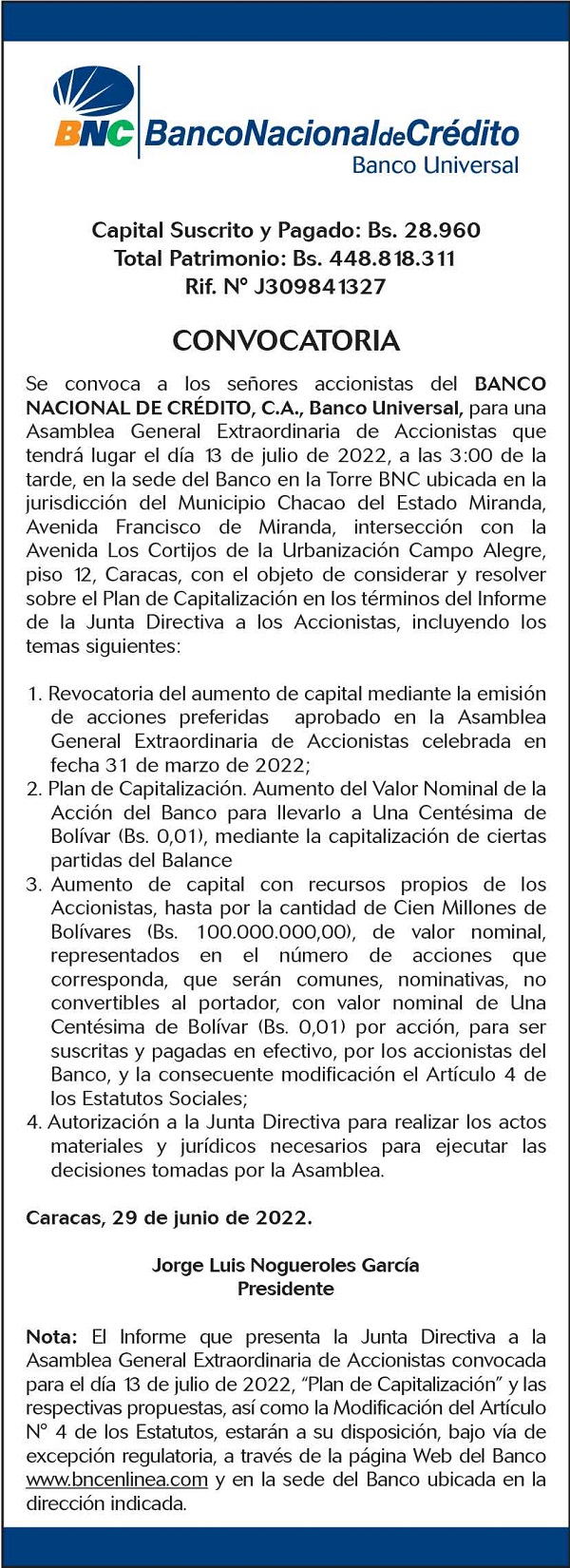 BNC presenta Plan de Capitalización luego de la adquisición del BOD