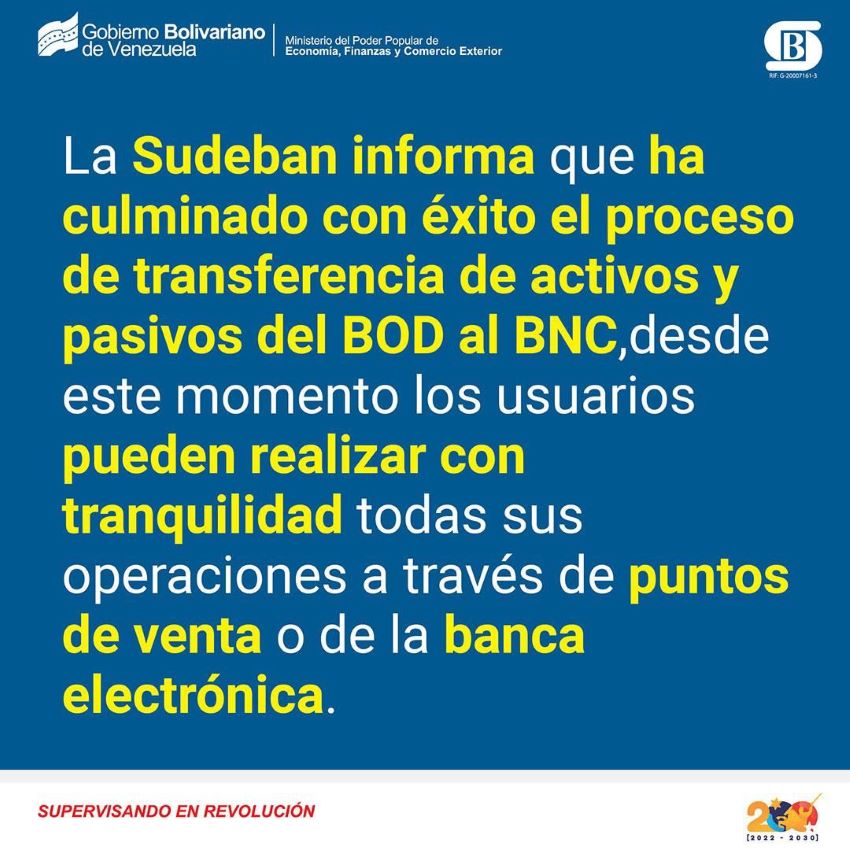 Sudeban: Más de 2,8 millones de cuentas del BOD fueron migradas con éxito al BNC