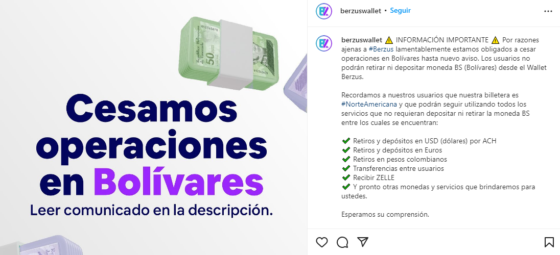 Billetera digital Berzus cesó operaciones en bolívares sin previo aviso, según usuarios