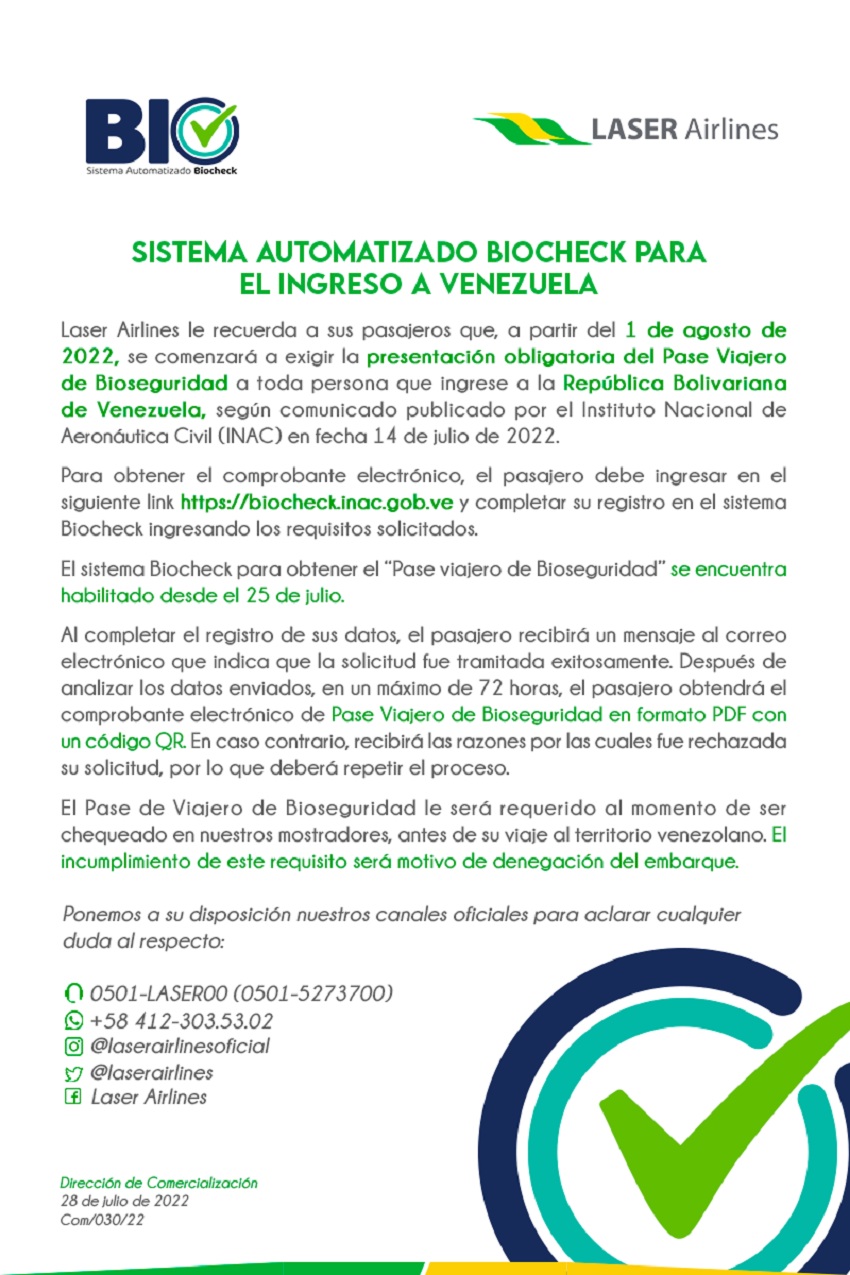 Laser Airlines exigirá desde el #1Ago la presentación obligatoria del Pase Viajero de Bioseguridad