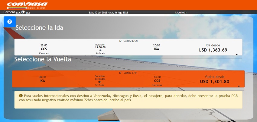 Estos son los precios de los boletos aéreos desde Caracas a Teherán con Conviasa