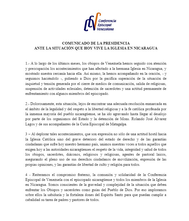 CEV expresa preocupación ante la situación que enfrenta la iglesia en Nicaragua (+comunicado)