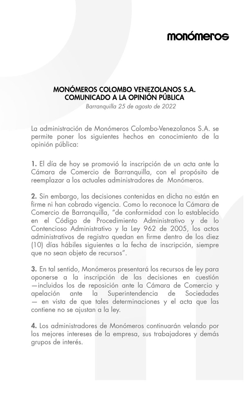 ¿Nueva junta directiva? La polémica que hay en Colombia sobre Monómeros