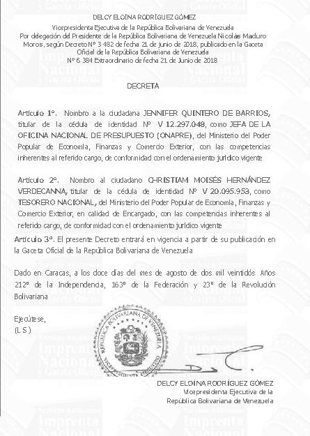 Ejecutivo designa nueva jefa de la ONAPRE y Tesorero Nacional (+Gaceta)