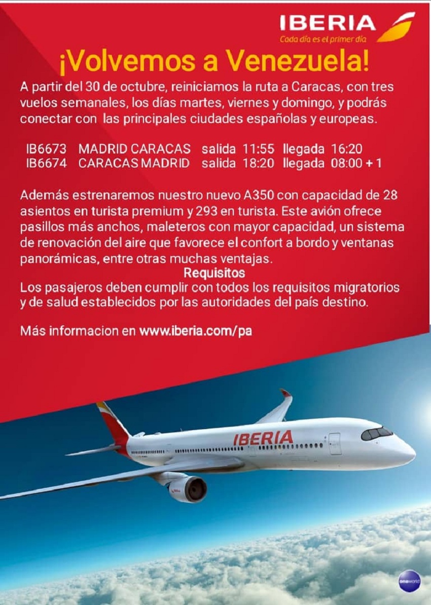 Iberia reinicia sus vuelos hacia Caracas el #30Oct y tendrá 3 frecuencias semanales