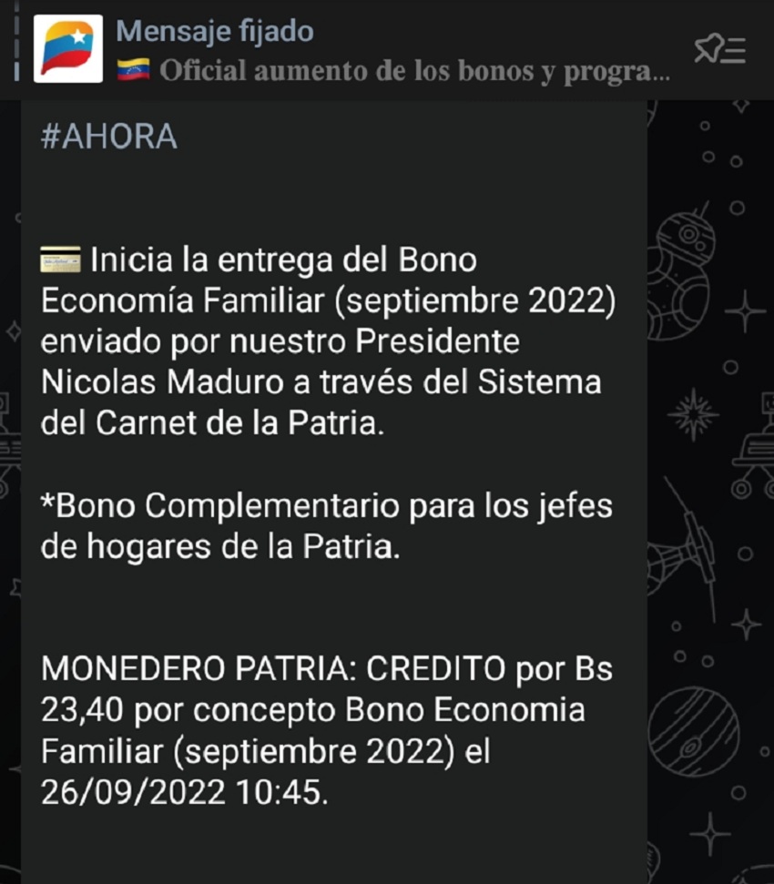 Comienza el pago del bono «Economía Familiar» de septiembre por el sistema Patria (+monto)