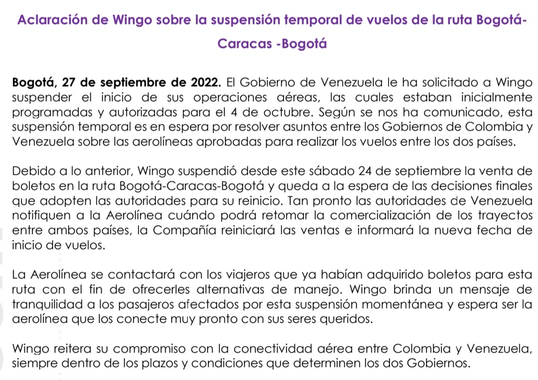 Gobierno de Venezuela pidió a Wingo suspender el inicio de sus operaciones aéreas (+comunicado)