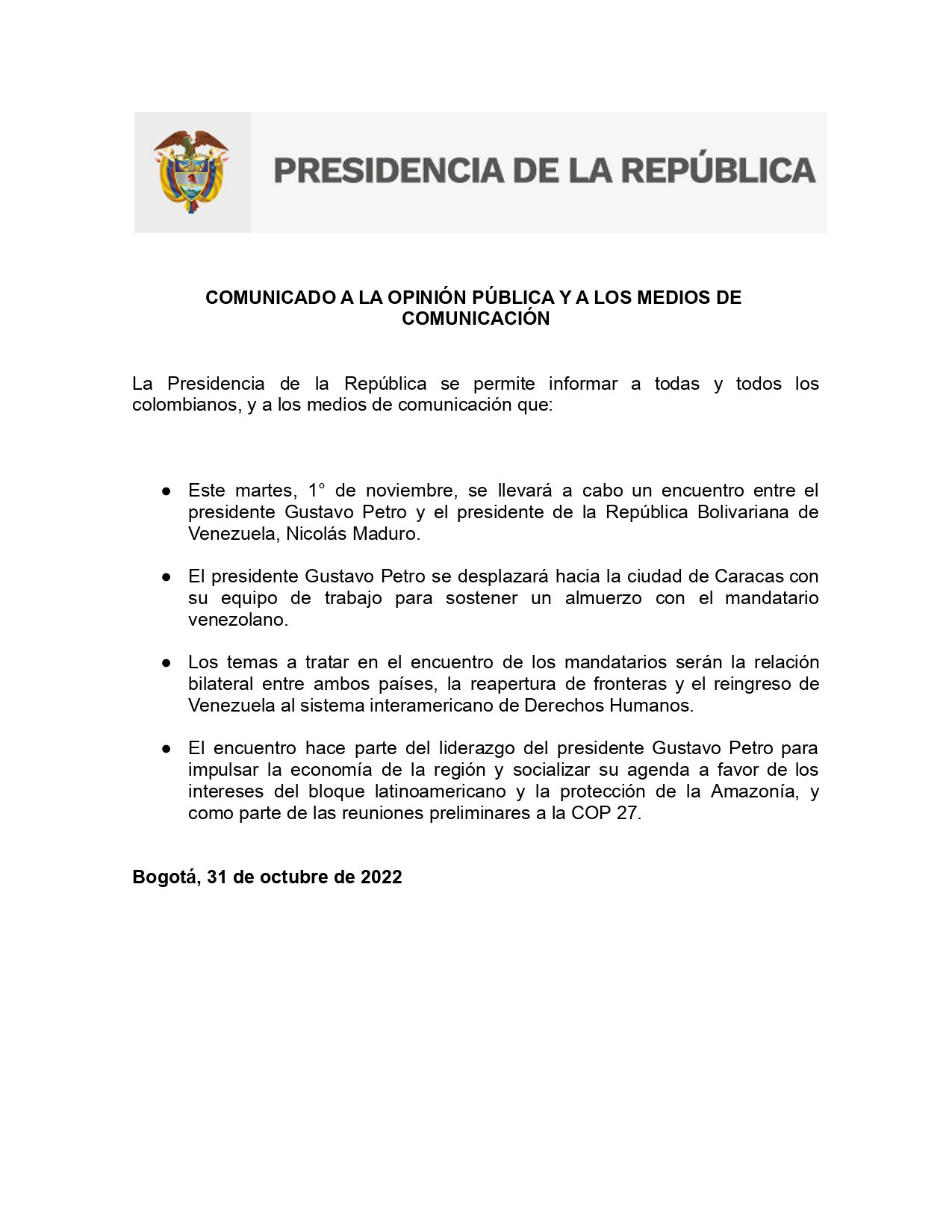 Gustavo Petro se reunirá este #1Nov con Nicolás Maduro en Caracas para tratar diversos temas (+agenda)