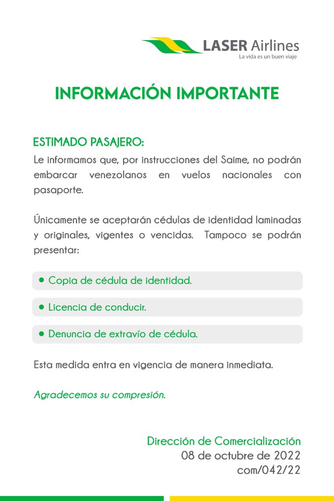 Laser Airlines: Por instrucciones del SAIME «no podrán embarcar venezolanos en vuelos nacionales con pasaporte»