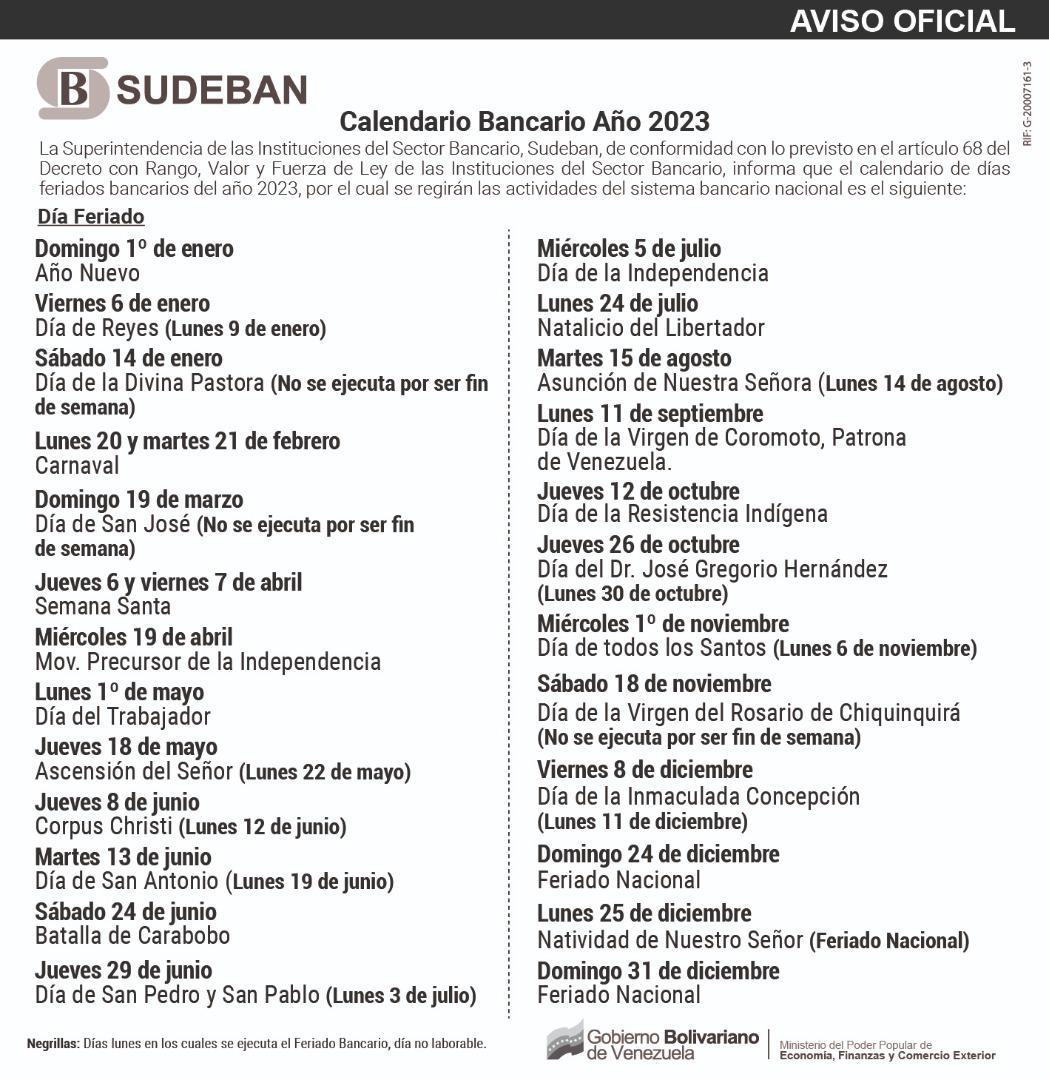 Conozca el calendario bancario de Venezuela para 2023