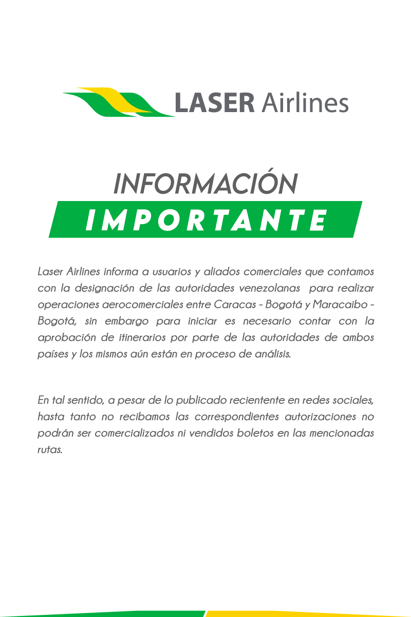 Laser Airlines: Hasta que no autoricen los itinerarios no podrán ser vendidos los boletos hacia Colombia (+comunicado)