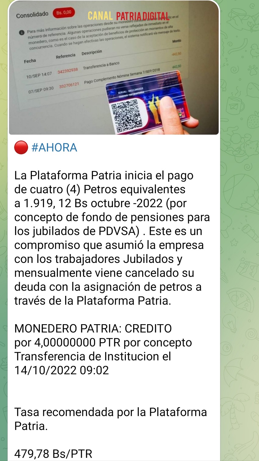 Comenzó el pago de 4 petros a los jubilados de PDVSA por el sistema Patria (+monto)