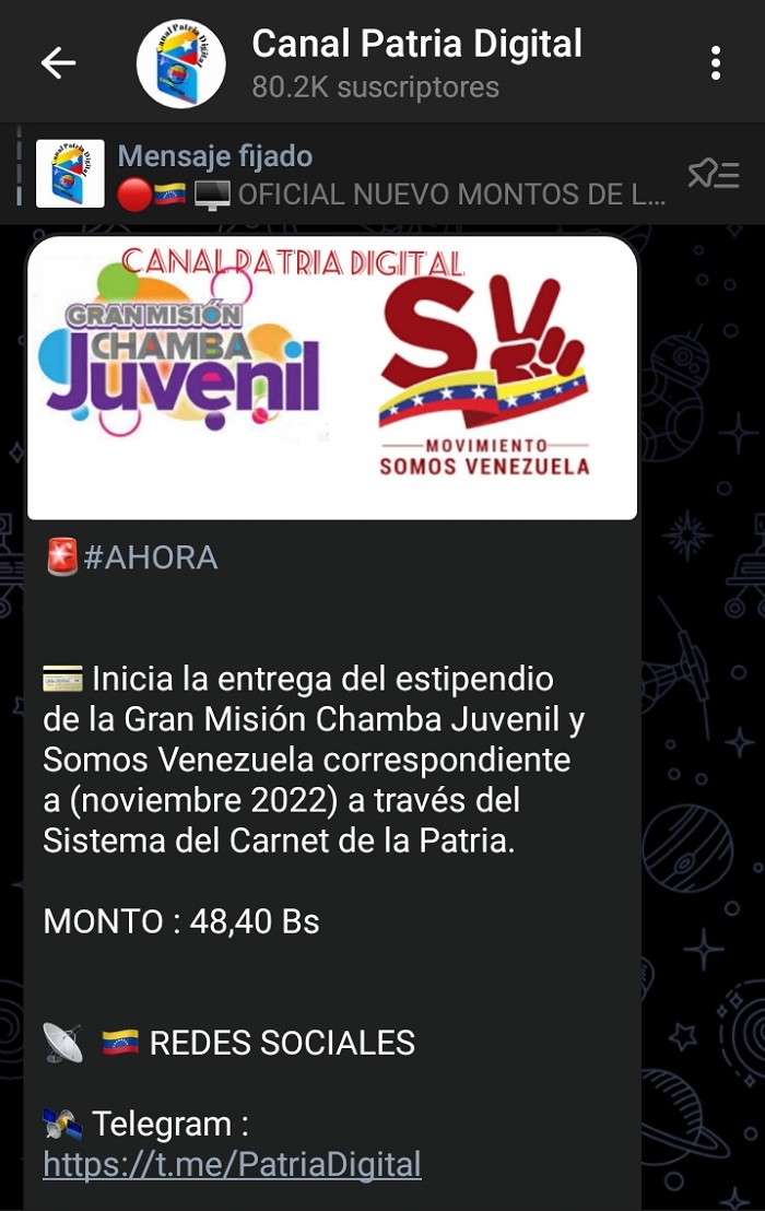 Estipendio de la Gran Mision Chamba Juvenil y Somos Venezuela noviembre de 2022