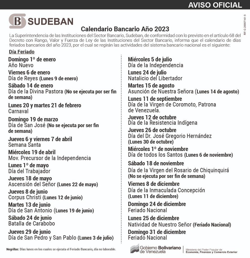 Calendario Bancario del año 2023