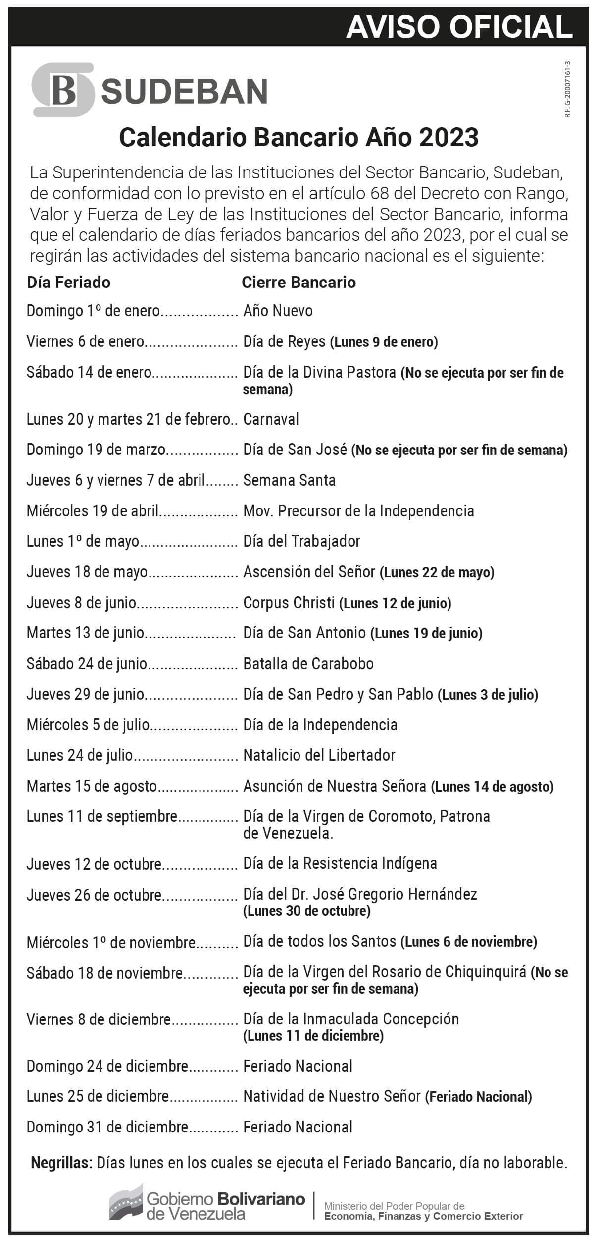 Calendario Bancario 2023 aprobado por la Sudeban