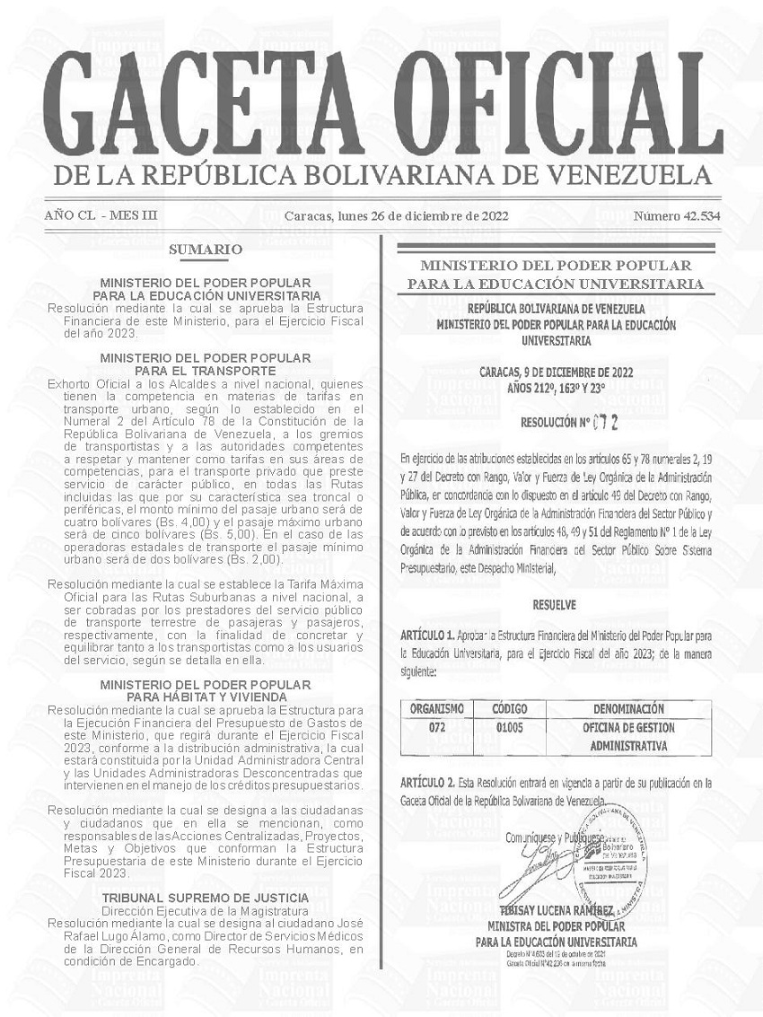 Gaceta Oficial número 42.534 pasaje mínimo