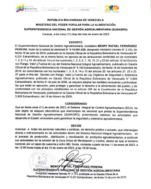 Por ataque cibernético al SICA autorizan movilización de alimentos sin guía por 48 horas