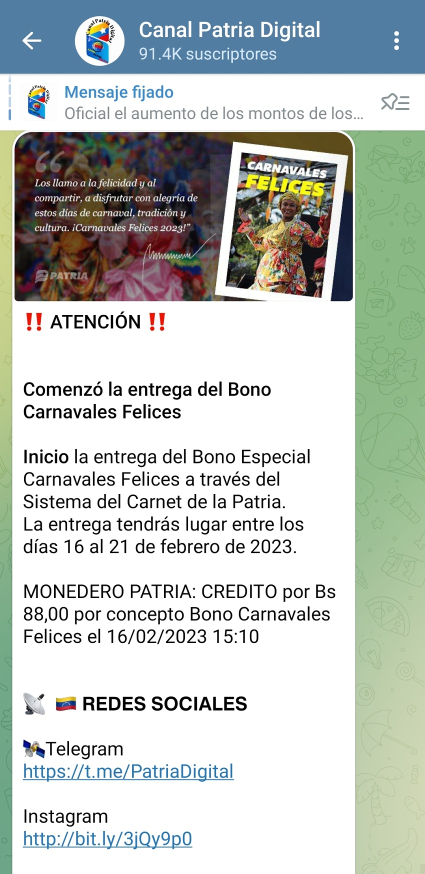 Otro estipendio más: Inició la entrega del bono «Carnavales Felices» a través del sistema Patria (+monto)