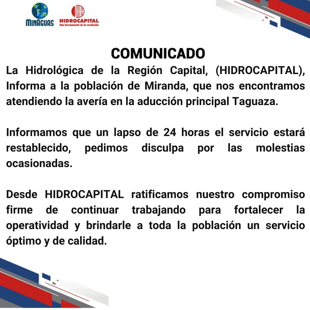 Hidrocapital: En 24 horas se restablecerá el servicio de agua en los municipios Plaza y Zamora en Miranda