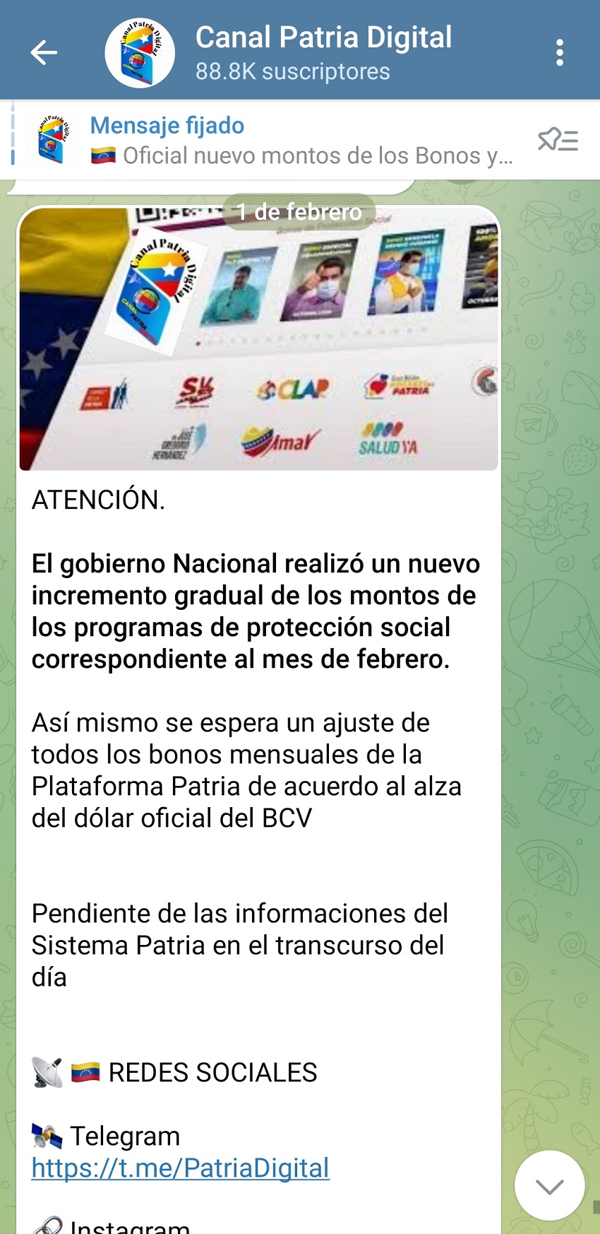 Realizaron un ajuste del 20% a los bonos y programas sociales del sistema Patria que se entregarán en febrero