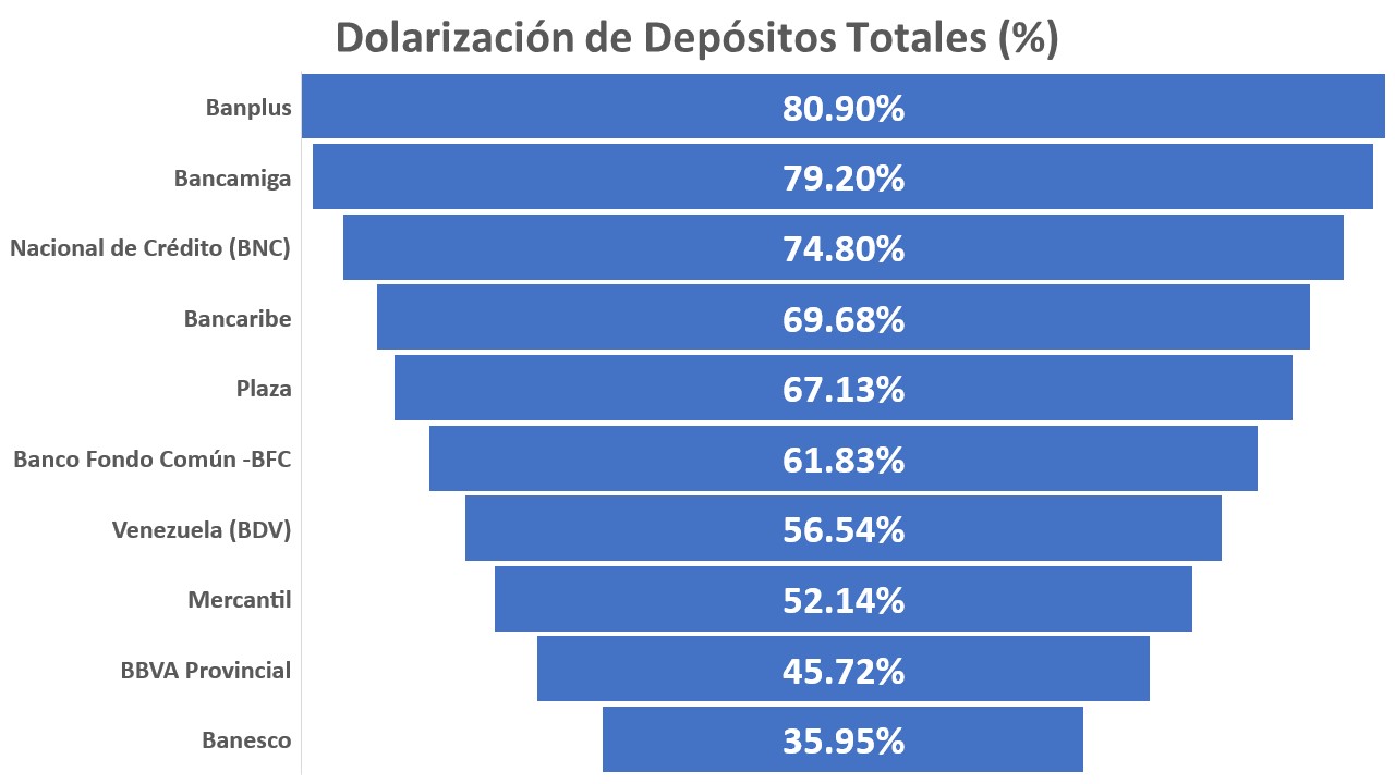 #Informe | 10 bancos concentran 94,3% de los depósitos en divisas con promedio de 62,4% de dolarización
