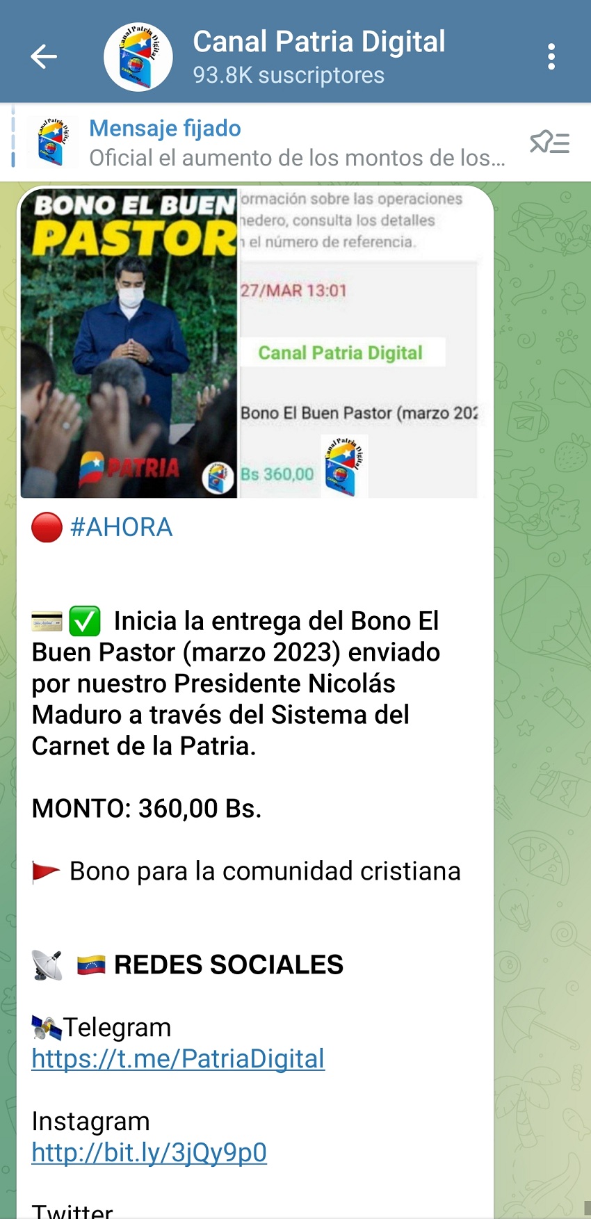 Comenzó la entrega del bono «El Buen Pastor» de marzo por el sistema Patria (+monto)